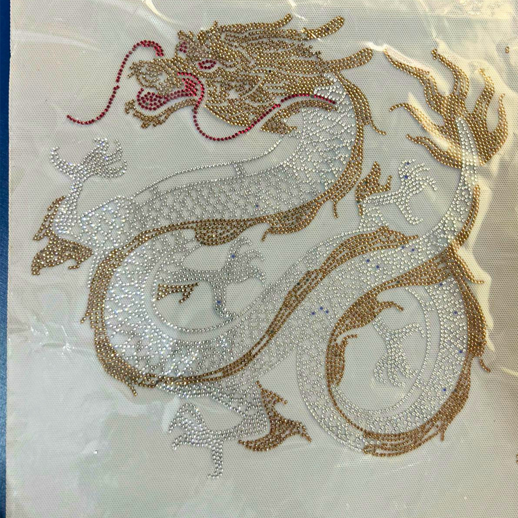 Dragon Rhinestone Hotfix Sticker | Gold & Silver Iron-On Heat Transfer for T-Shirts & Apparel
