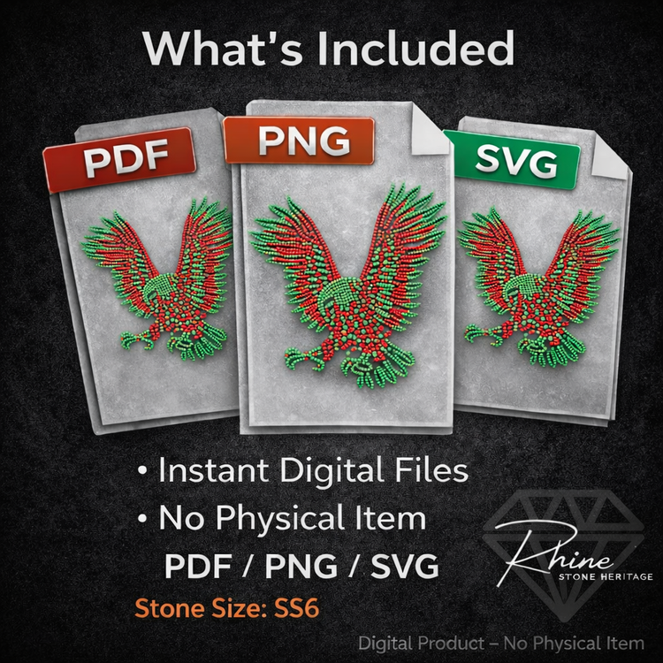 Two-tone red and green rhinestone eagle template design with spread wings in a dot matrix format for digital download.