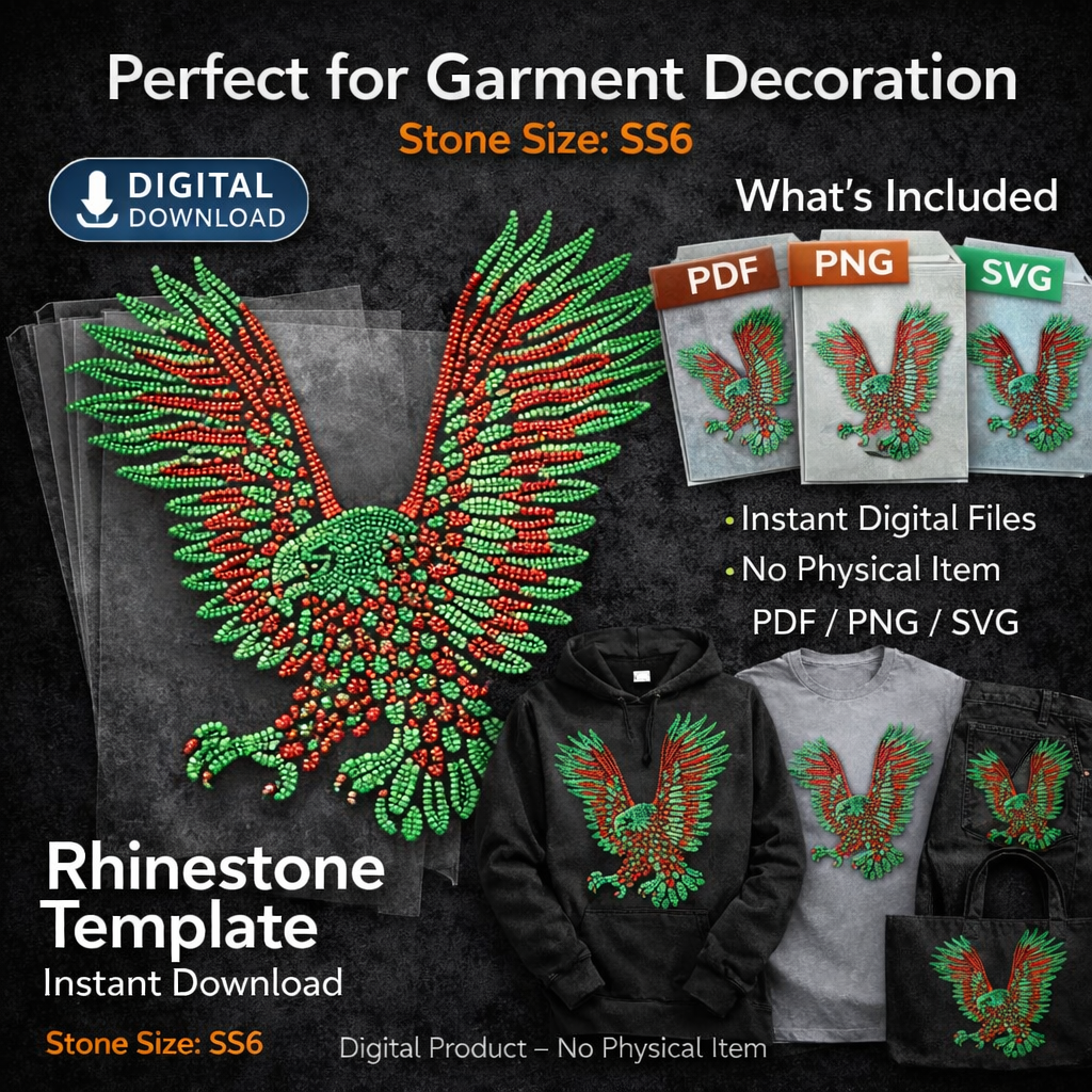 Two-tone red and green rhinestone eagle template design with spread wings in a dot matrix format for digital download.