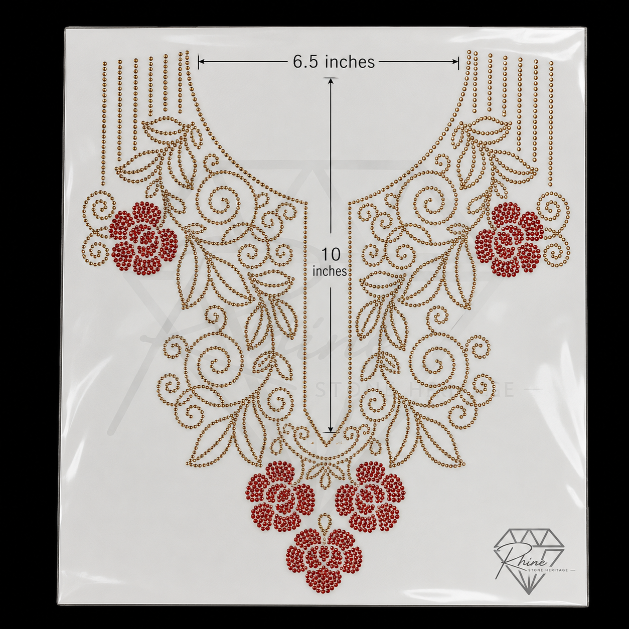Floral Rose Neck & Sleeve Border Rhinestone Heat Transfer Sticker Set | Gold & Red Hotfix Iron-On Transfer