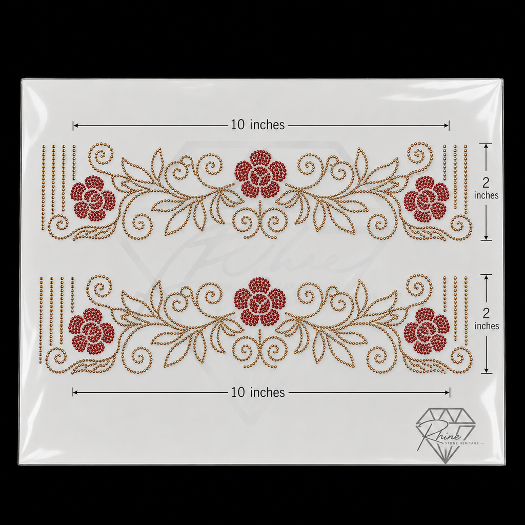 Floral Rose Neck & Sleeve Border Rhinestone Heat Transfer Sticker Set | Gold & Red Hotfix Iron-On Transfer