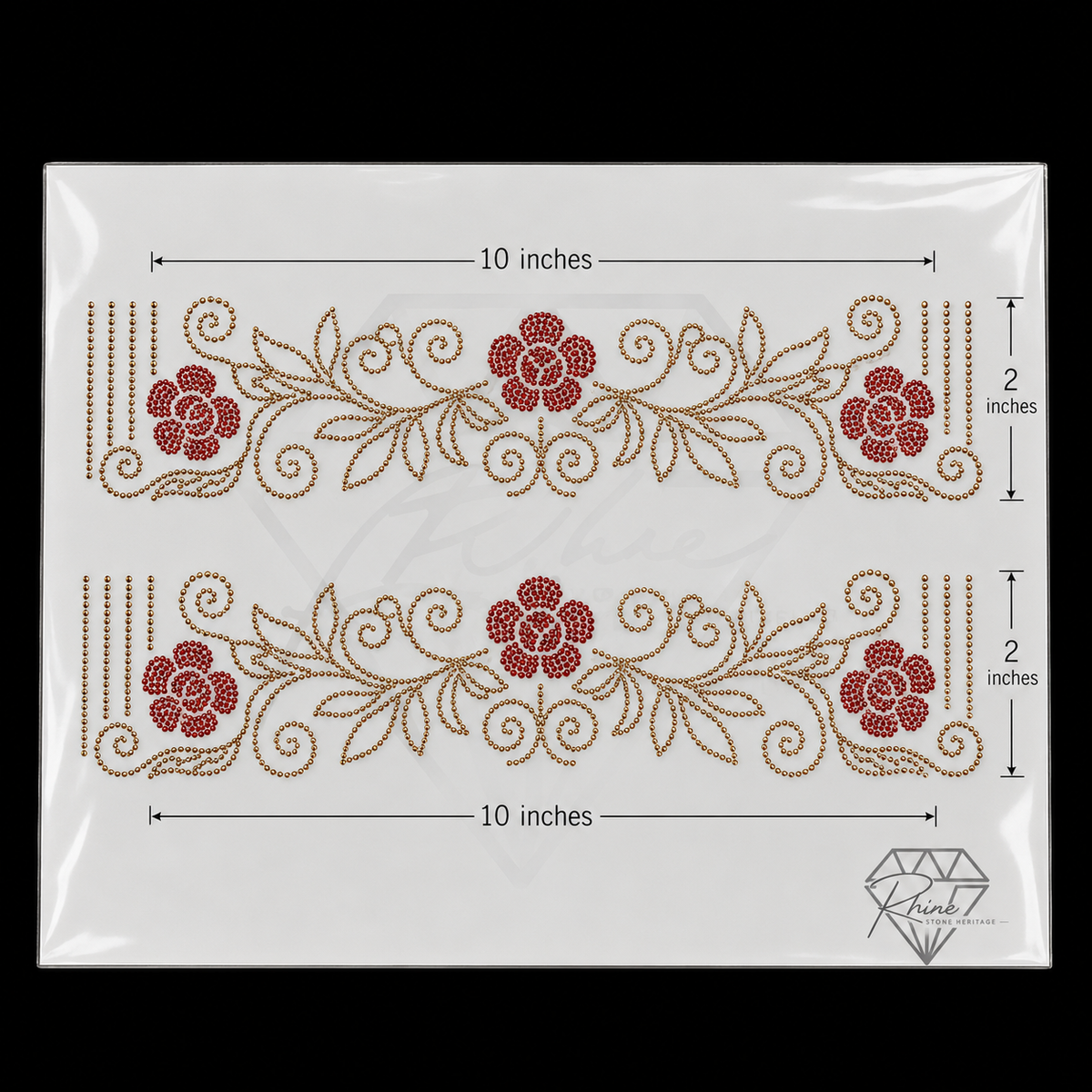 Floral Rose Neck & Sleeve Border Rhinestone Heat Transfer Sticker Set | Gold & Red Hotfix Iron-On Transfer