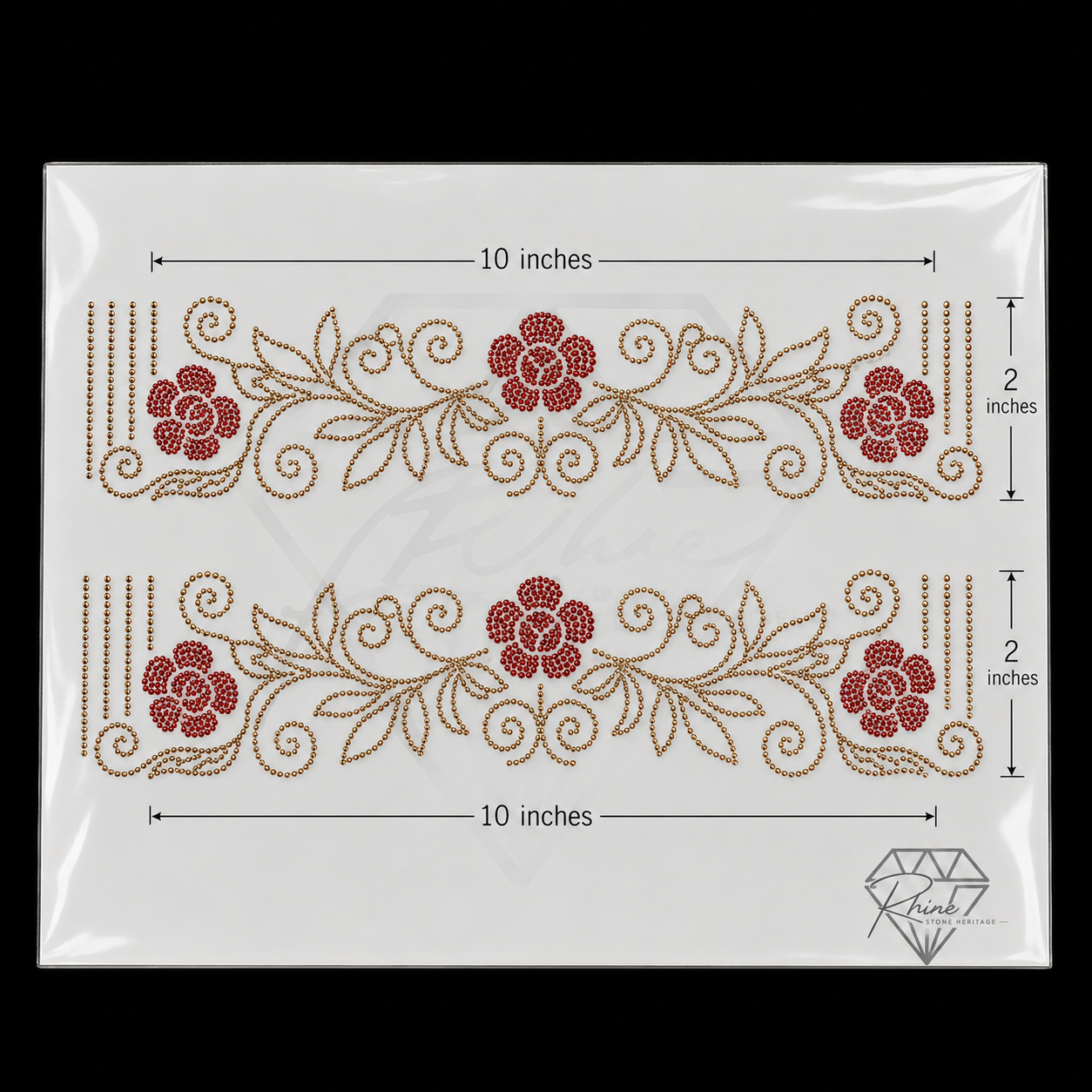 Floral Rose Neck & Sleeve Border Rhinestone Heat Transfer Sticker Set | Gold & Red Hotfix Iron-On Transfer