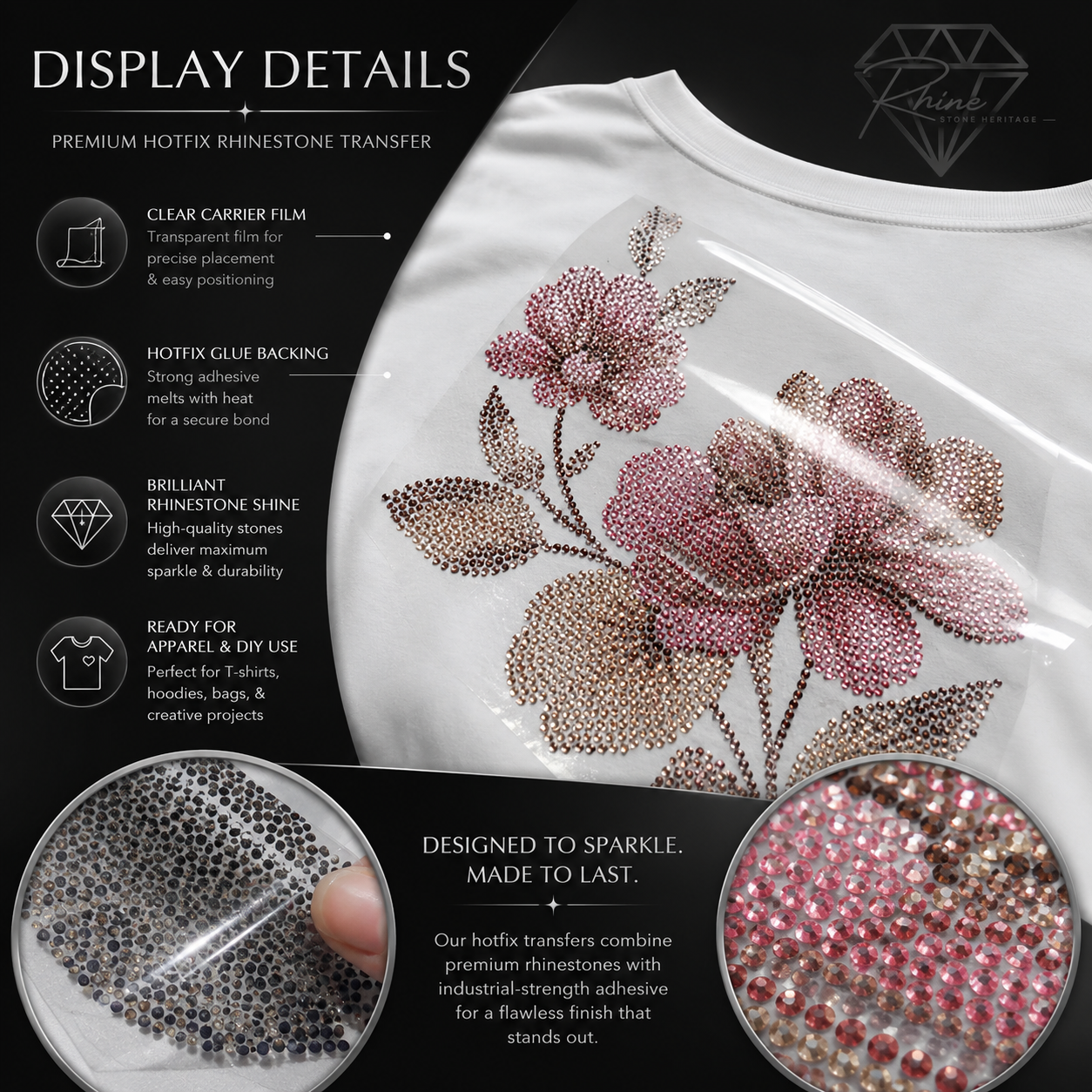 Floral Rose Neck & Sleeve Border Rhinestone Heat Transfer Sticker Set | Gold & Red Hotfix Iron-On Transfer
