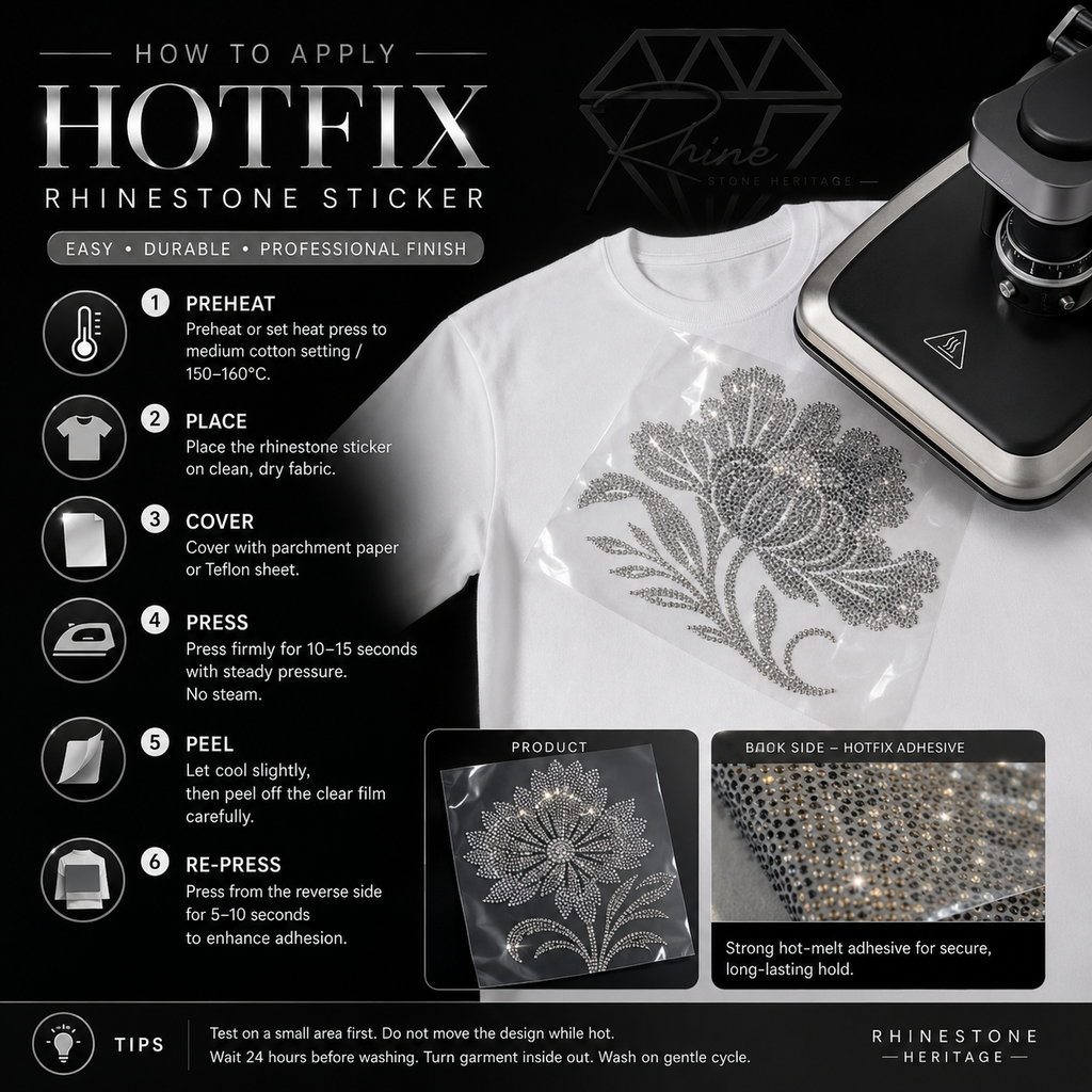 Floral Rose Neck & Sleeve Border Rhinestone Heat Transfer Sticker Set | Gold & Red Hotfix Iron-On Transfer