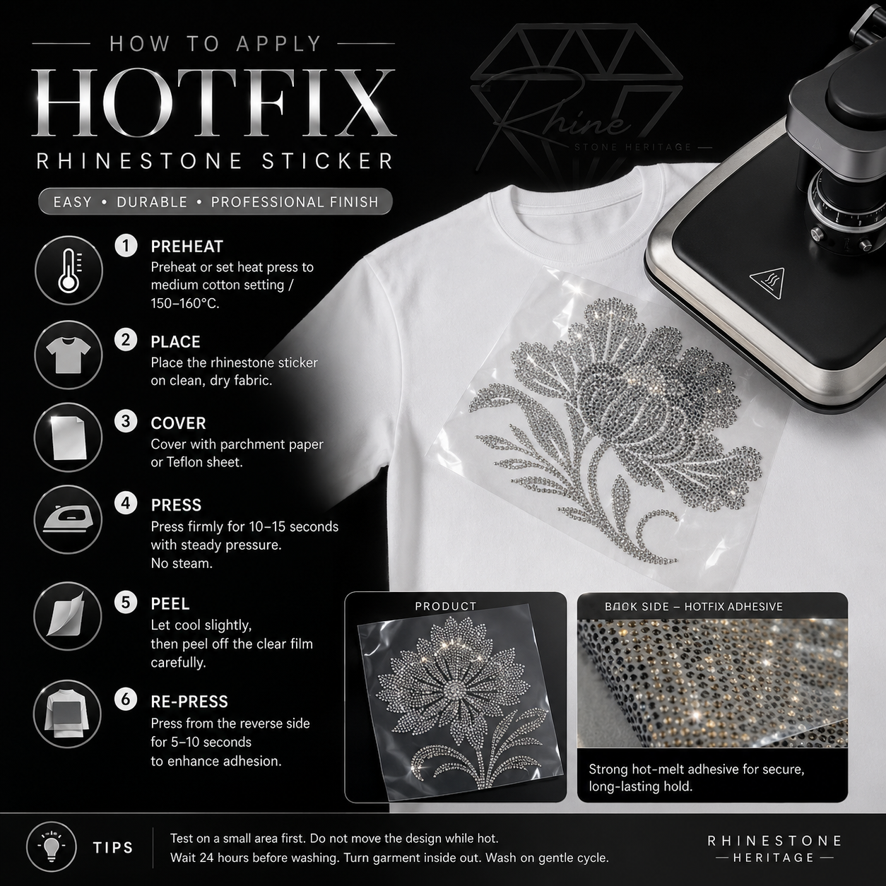 Floral Rose Neck & Sleeve Border Rhinestone Heat Transfer Sticker Set | Gold & Red Hotfix Iron-On Transfer