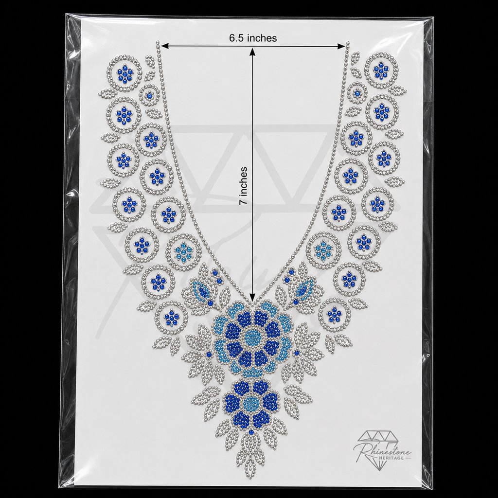 Blue Silver Floral Medallion Neck Rhinestone Heat Transfer Sticker - 4SS - 6.5x7 inches