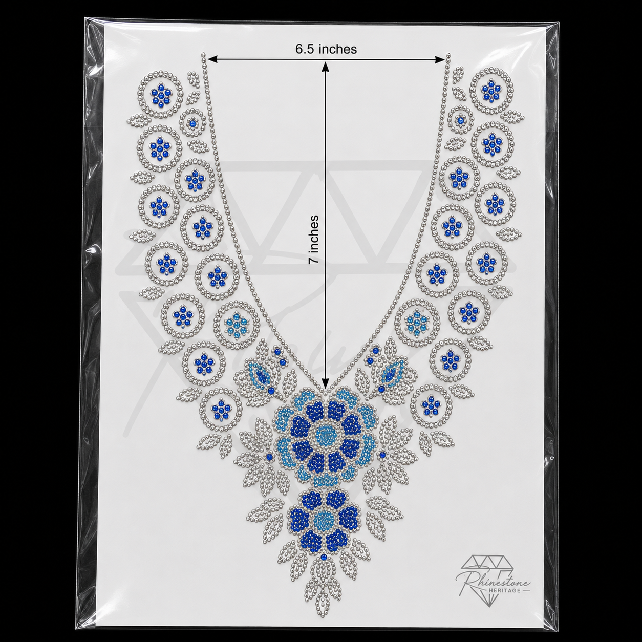 Blue Silver Floral Medallion Neck Rhinestone Heat Transfer Sticker - 4SS - 6.5x7 inches