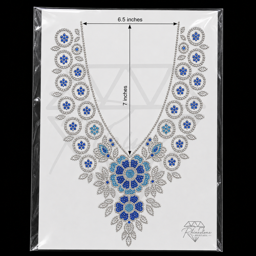Blue Silver Floral Medallion Neck Rhinestone Heat Transfer Sticker - 4SS - 6.5x7 inches