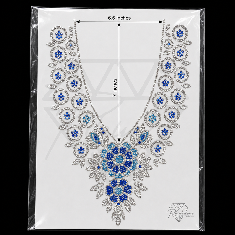 Blue Silver Floral Medallion Neck Rhinestone Heat Transfer Sticker - 4SS - 6.5x7 inches