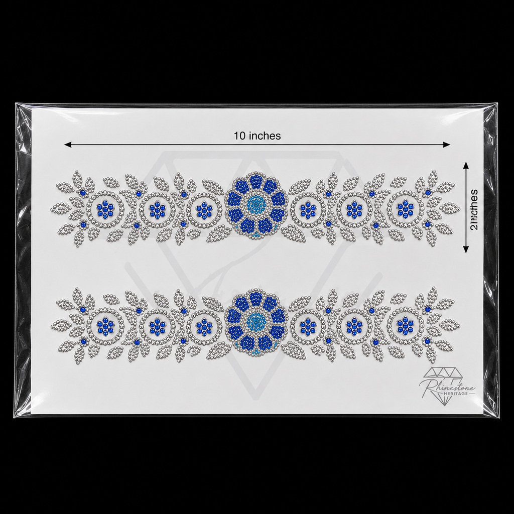 Blue Silver Floral Medallion Sleeve Border Rhinestone Heat Transfer Sticker - 4SS - 10x2 inches each