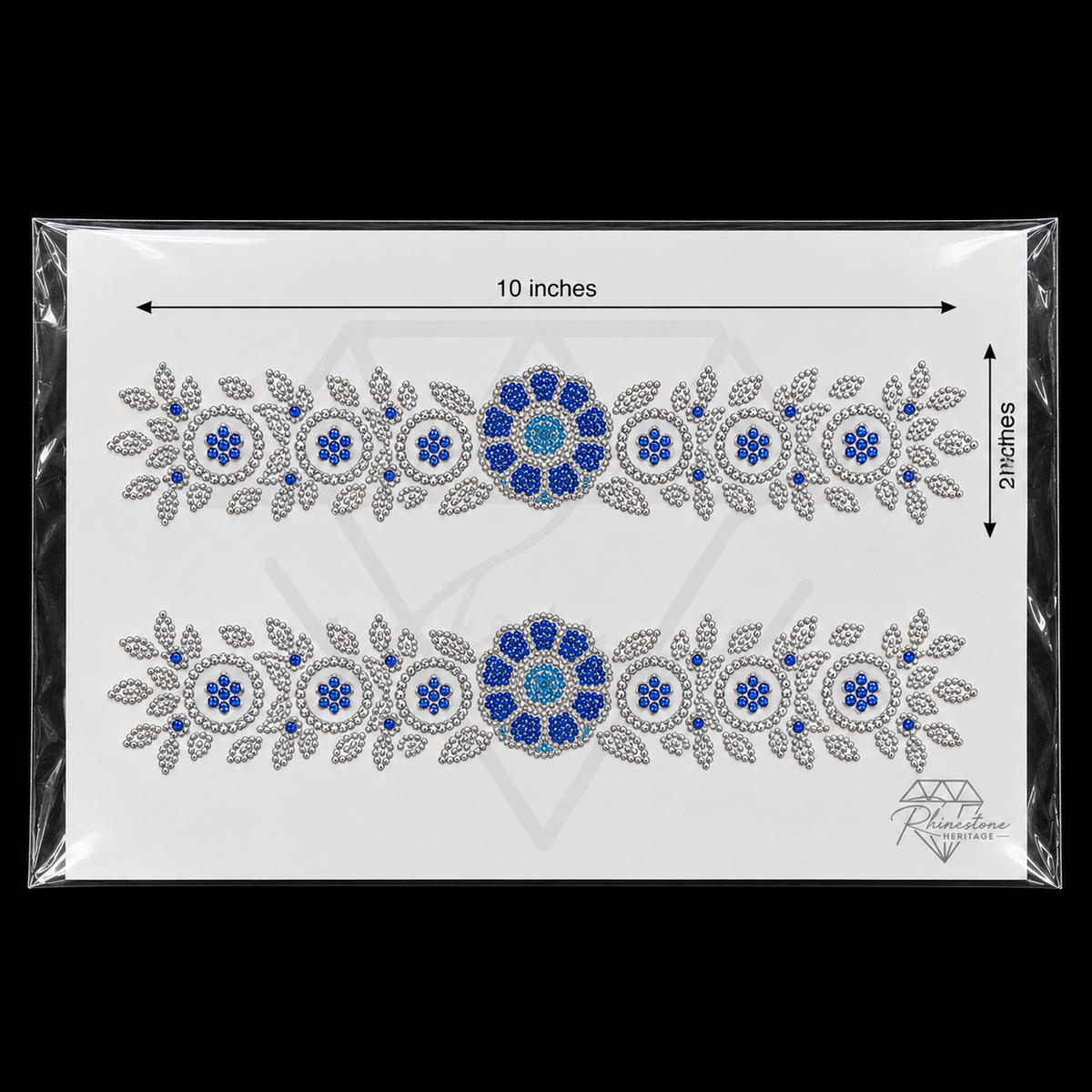 Blue Silver Floral Medallion Sleeve Border Rhinestone Heat Transfer Sticker - 4SS - 10x2 inches each