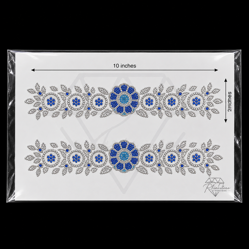 Blue Silver Floral Medallion Sleeve Border Rhinestone Heat Transfer Sticker - 4SS - 10x2 inches each
