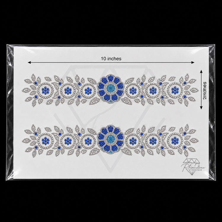 Blue Silver Floral Medallion Sleeve Border Rhinestone Heat Transfer Sticker - 4SS - 10x2 inches each