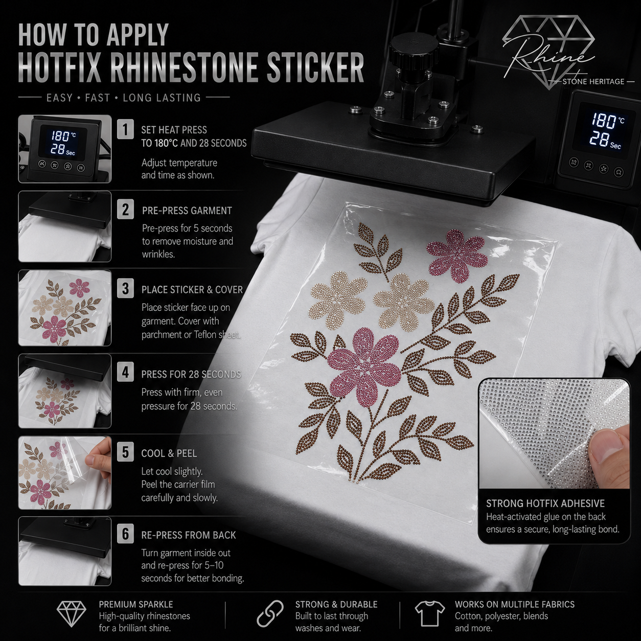 How to Apply Hotfix Rhinestone Sticker - Step by step heat press instructions
