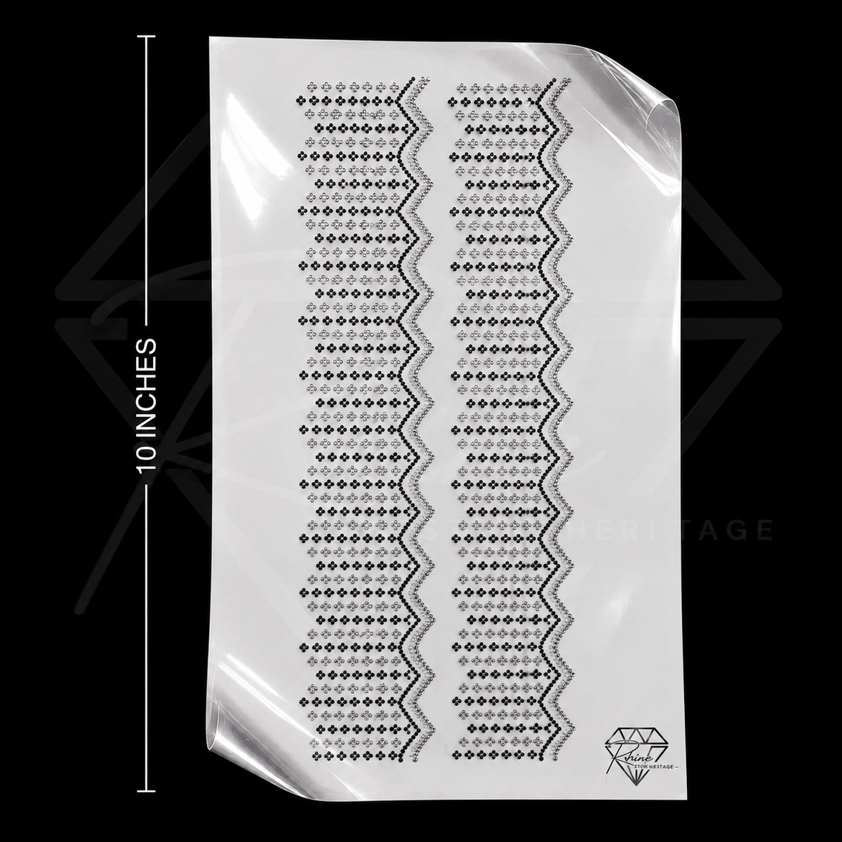 Rhinestone border sticker in Black and Light BD colour, 10 inch length, 2 borders per set, zigzag lace pattern
