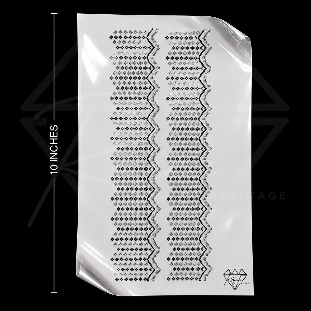 Rhinestone border sticker in Black and Light BD colour, 10 inch length, 2 borders per set, zigzag lace pattern