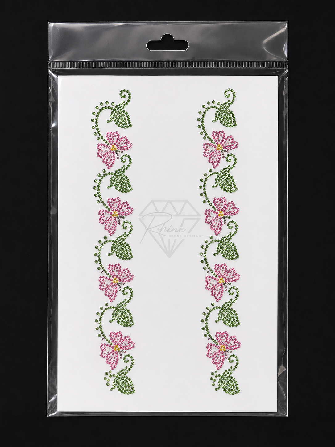 Pink Floral Vine Border Rhinestone Heat Transfer Sticker – Pair