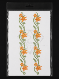 Packaged cross-stitch pattern with orange flowers on a white background