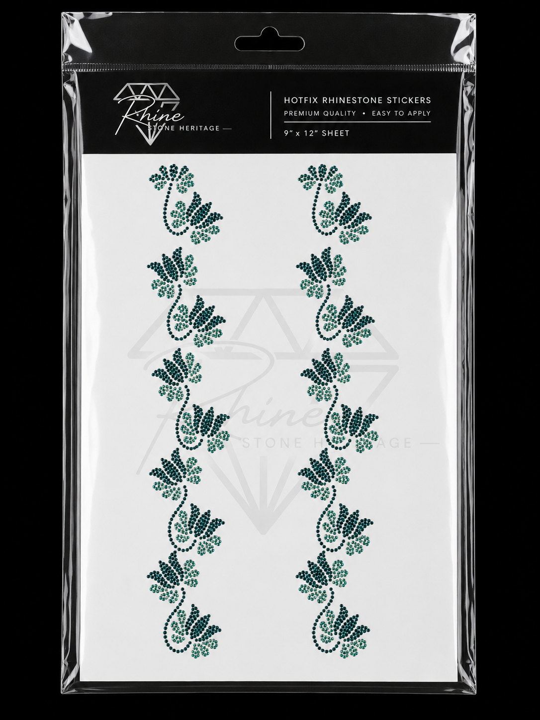 Teal Lotus Vine Rhinestone Heat Transfer Sticker | Hotfix Iron-On Border