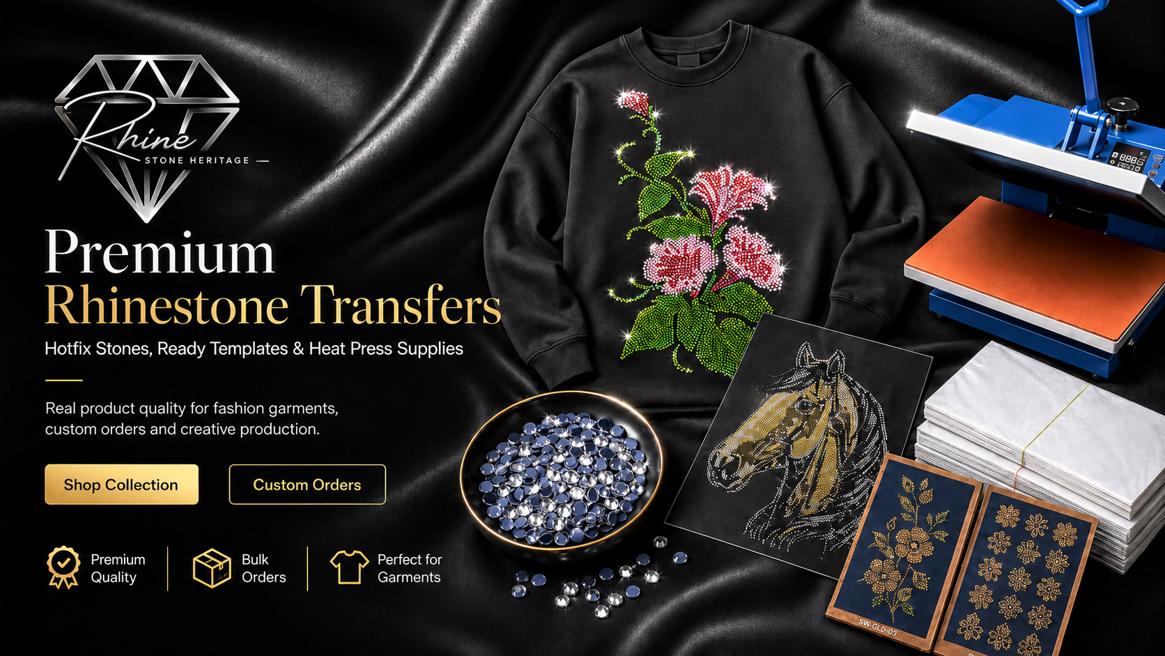 Rhinestone transfer materials with flowers and horse design on a black shirt, surrounded by rhinestones and tools.