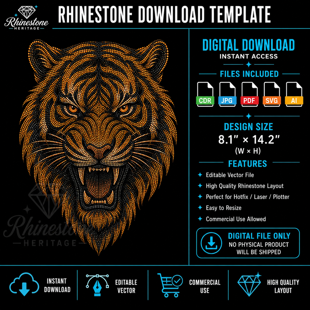 Tiger Head Rhinestone Template – Digital Download (SVG, CDR, PDF, JPG, AI)
