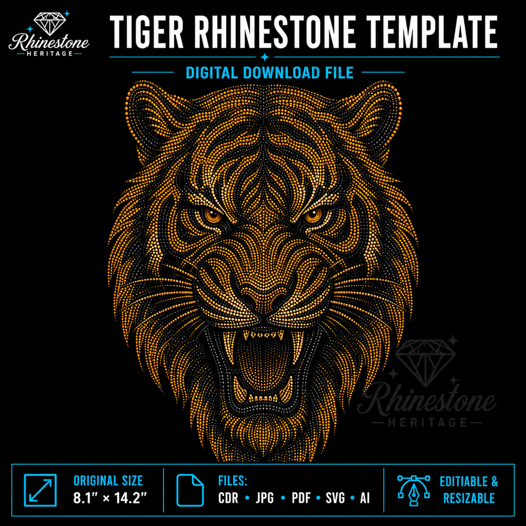 Tiger Head Rhinestone Template – Digital Download (SVG, CDR, PDF, JPG, AI)
