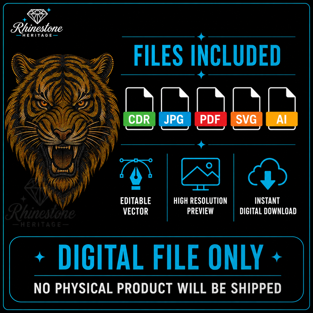 Tiger Head Rhinestone Template – Digital Download (SVG, CDR, PDF, JPG, AI)