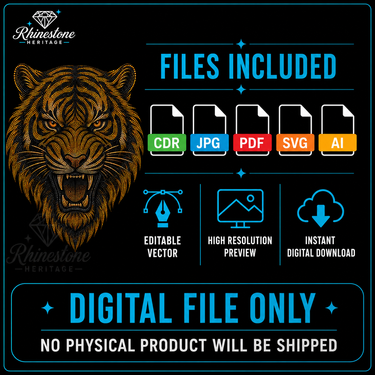 Tiger Head Rhinestone Template – Digital Download (SVG, CDR, PDF, JPG, AI)