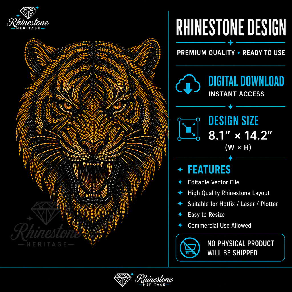 Tiger Head Rhinestone Template – Digital Download (SVG, CDR, PDF, JPG, AI)