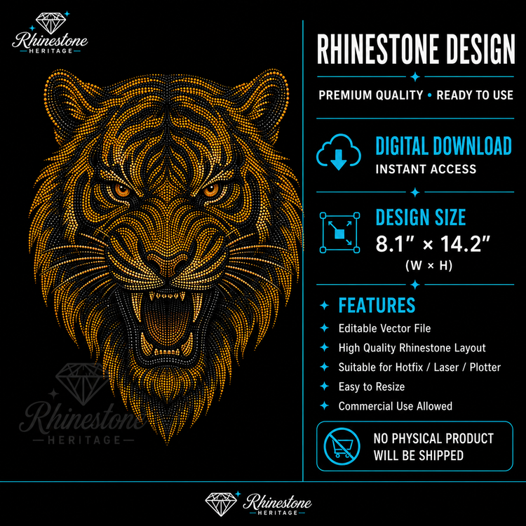 Tiger Head Rhinestone Template – Digital Download (SVG, CDR, PDF, JPG, AI)