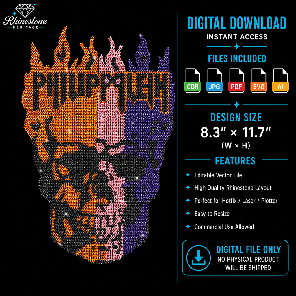 Flaming Skull Rhinestone Template – Digital Download (SVG, CDR, PDF, JPG, AI)