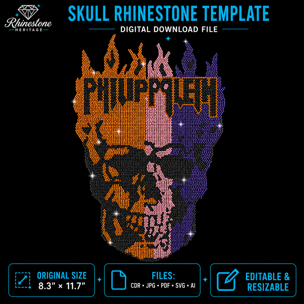 Flaming Skull Rhinestone Template – Digital Download (SVG, CDR, PDF, JPG, AI)