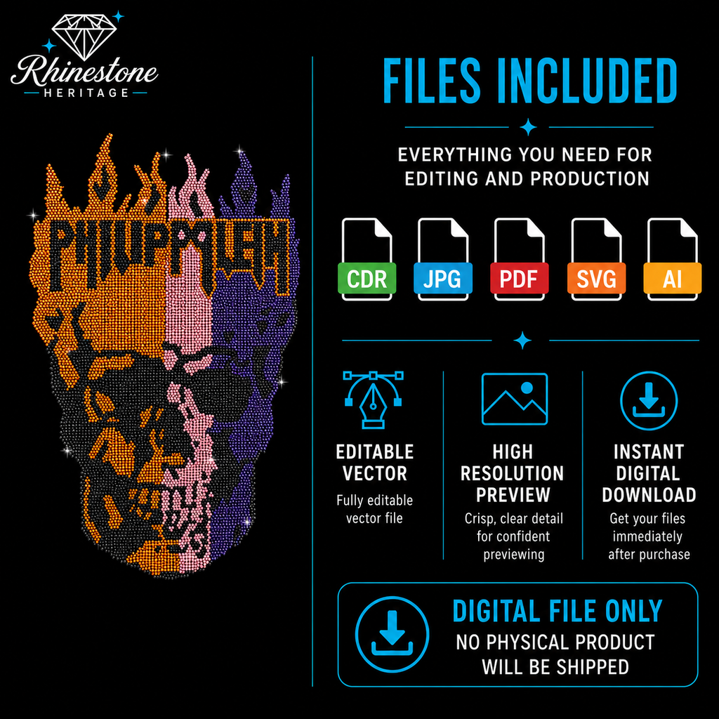 Flaming Skull Rhinestone Template – Digital Download (SVG, CDR, PDF, JPG, AI)