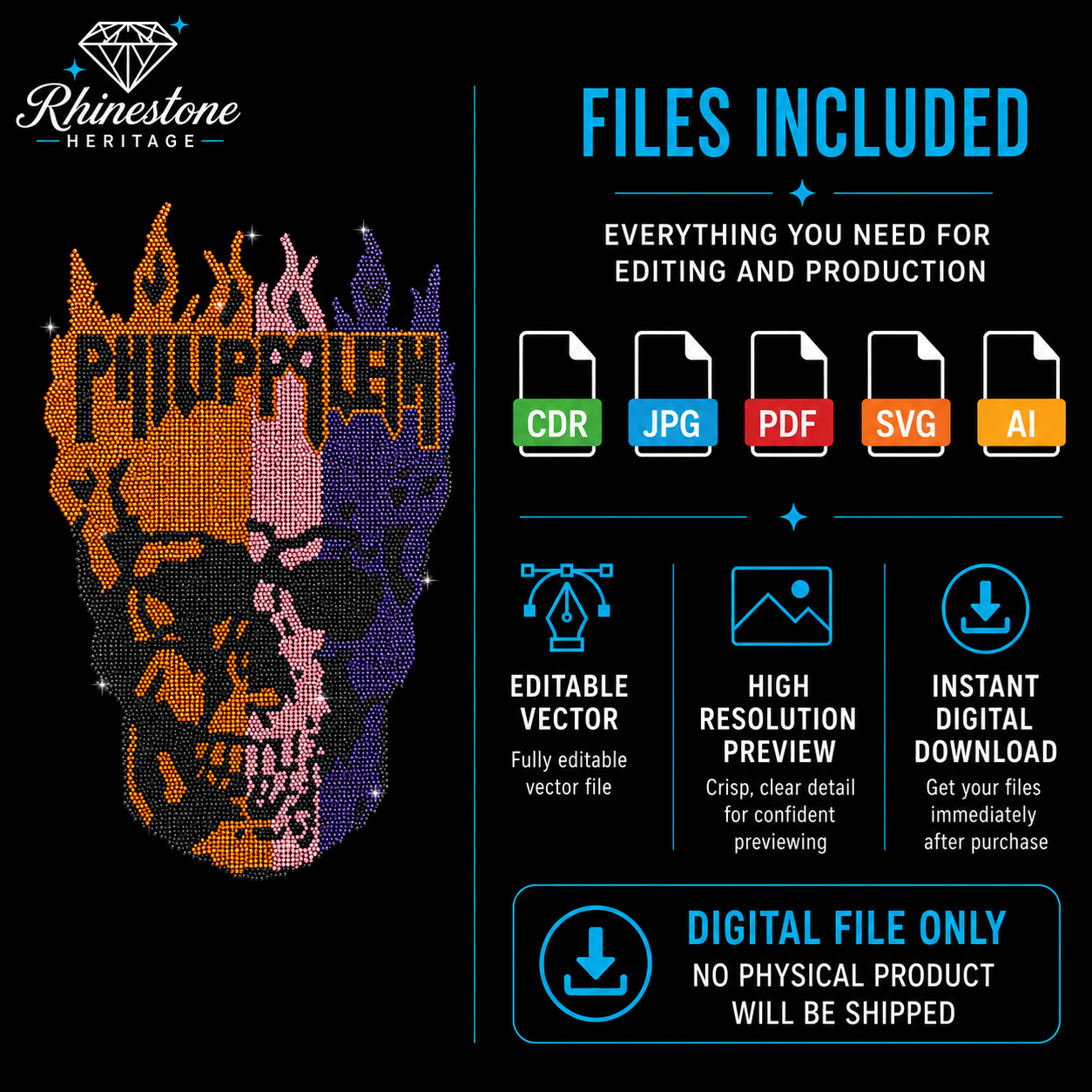 Flaming Skull Rhinestone Template – Digital Download (SVG, CDR, PDF, JPG, AI)