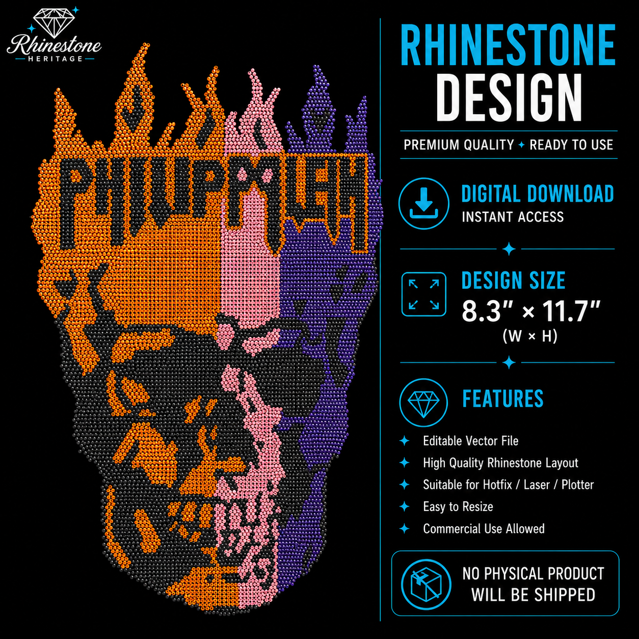 Flaming Skull Rhinestone Template – Digital Download (SVG, CDR, PDF, JPG, AI)