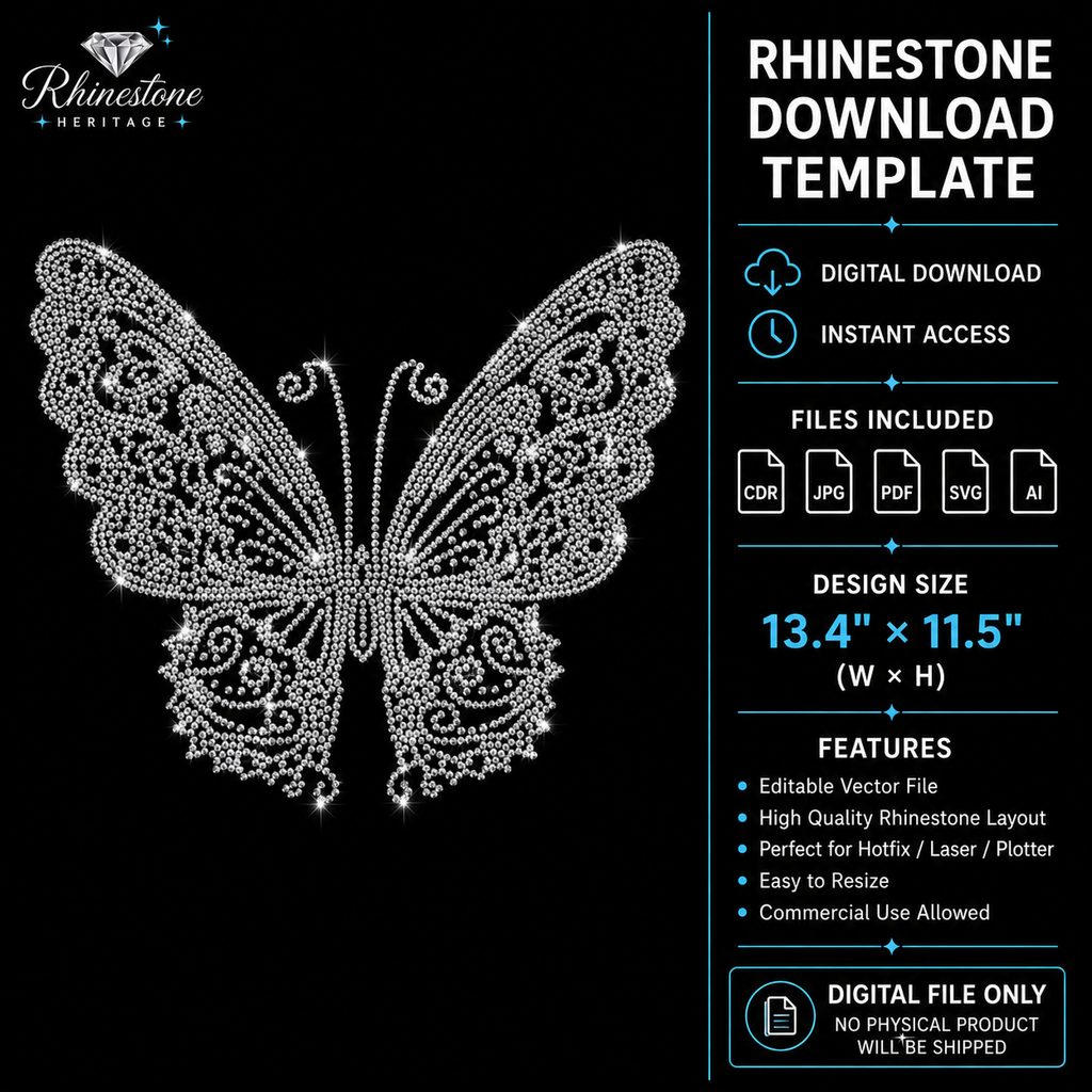 Butterfly Rhinestone Template – Digital Download (SVG, CDR, PDF, JPG, AI)