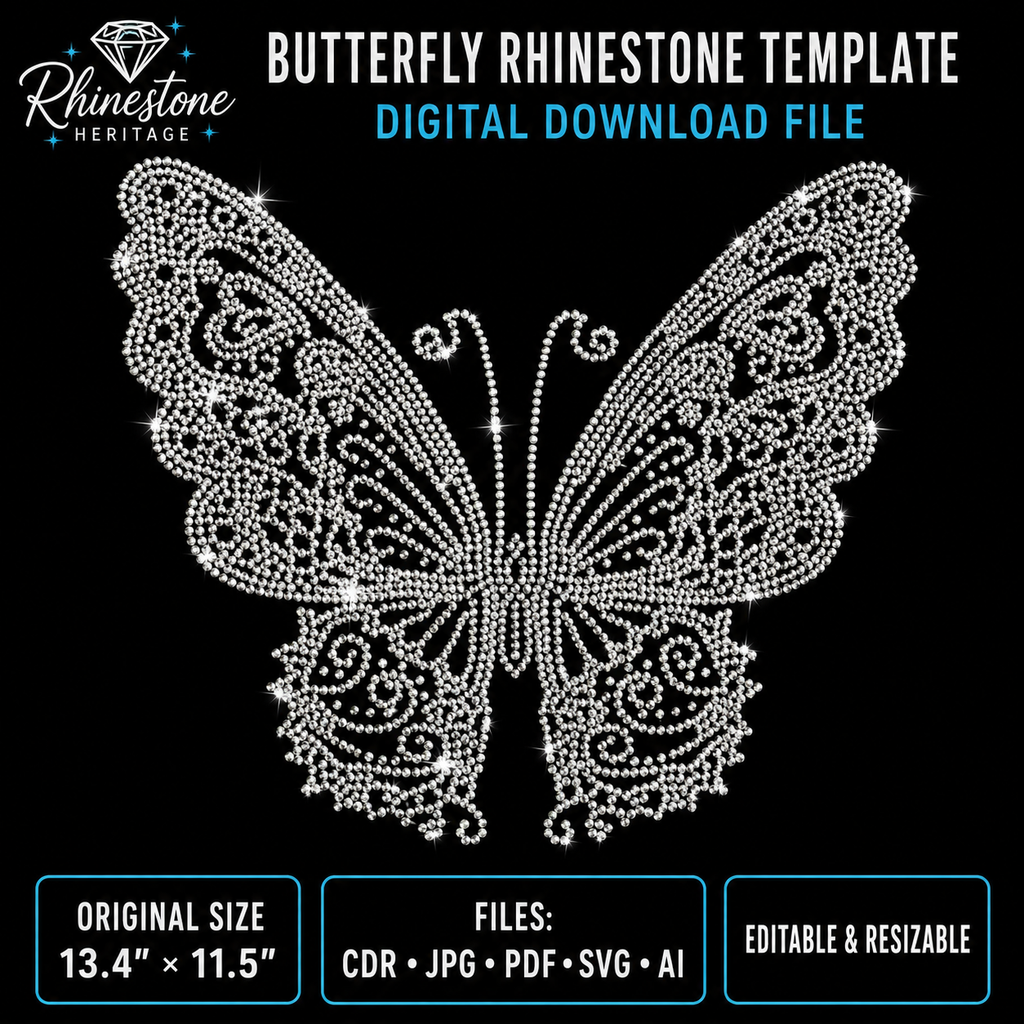 Butterfly Rhinestone Template – Digital Download (SVG, CDR, PDF, JPG, AI)