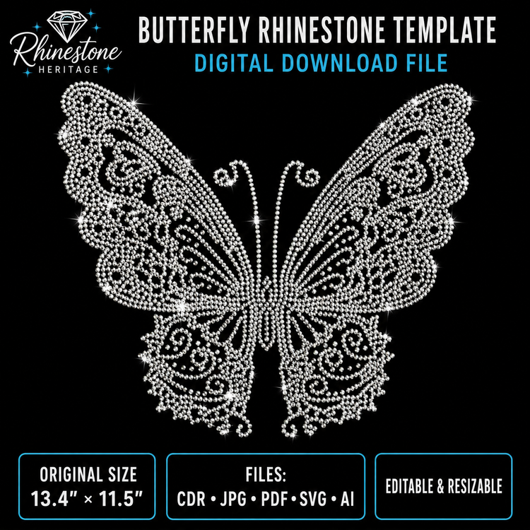 Butterfly Rhinestone Template – Digital Download (SVG, CDR, PDF, JPG, AI)
