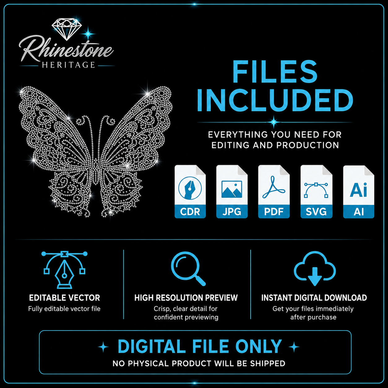 Butterfly Rhinestone Template – Digital Download (SVG, CDR, PDF, JPG, AI)