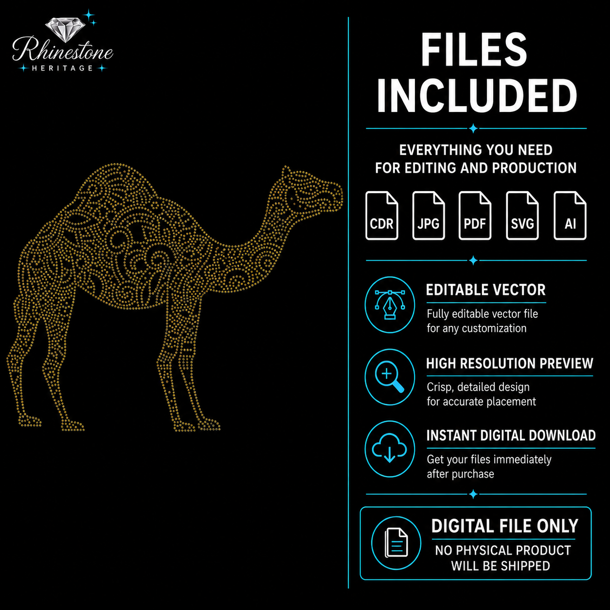 Camel Rhinestone Template – Digital Download (SVG, CDR, PDF, JPG, AI)