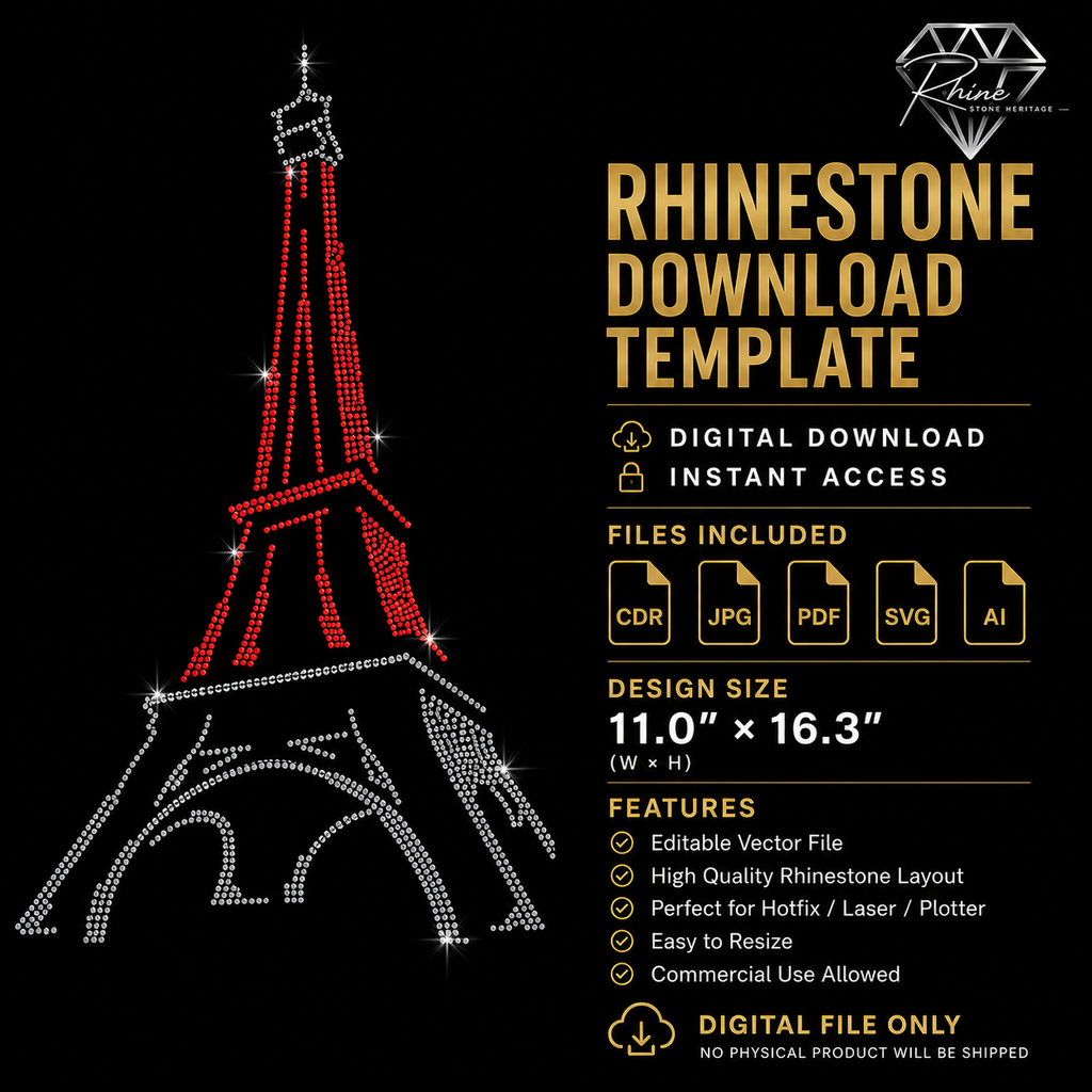 Eiffel Tower Rhinestone Template – Digital Download (SVG, CDR, PDF, JPG, AI)