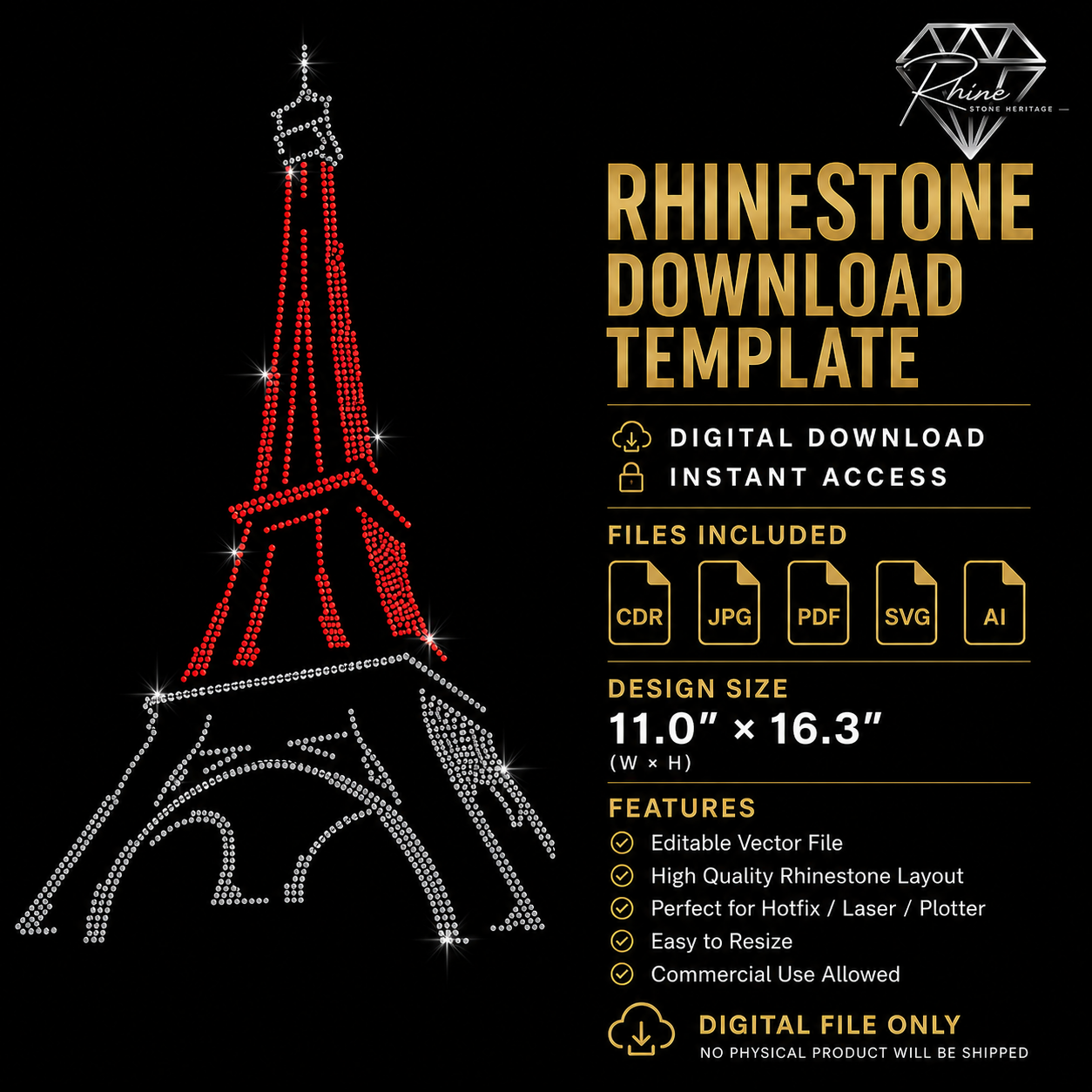 Eiffel Tower Rhinestone Template – Digital Download (SVG, CDR, PDF, JPG, AI)