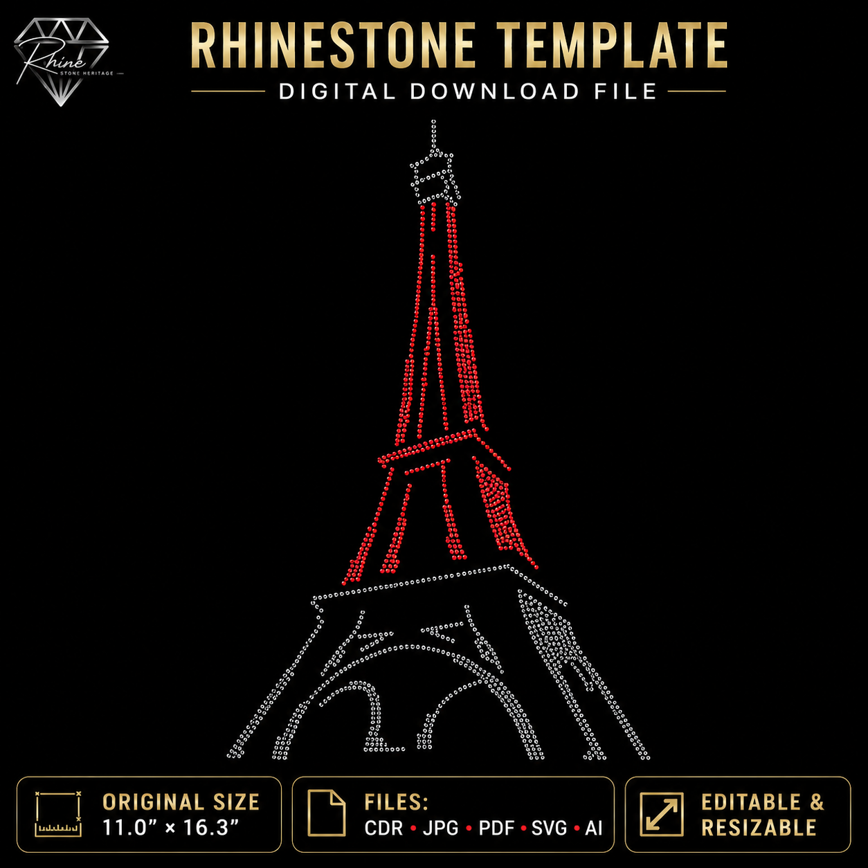 Eiffel Tower Rhinestone Template – Digital Download (SVG, CDR, PDF, JPG, AI)