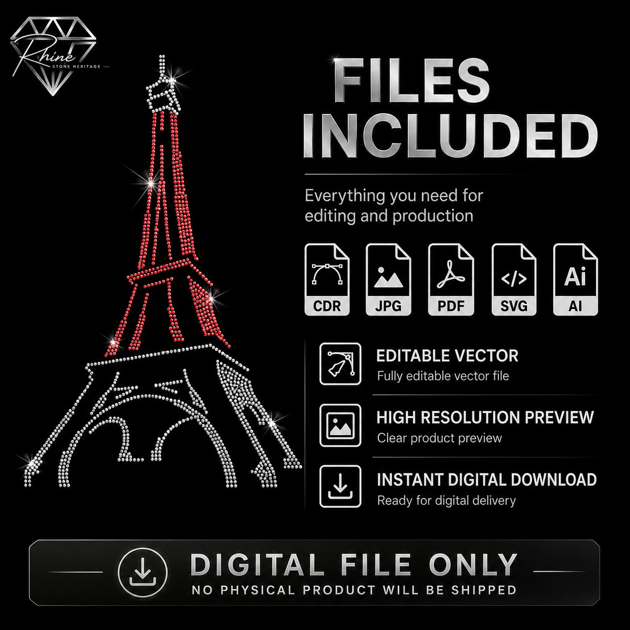 Eiffel Tower Rhinestone Template – Digital Download (SVG, CDR, PDF, JPG, AI)