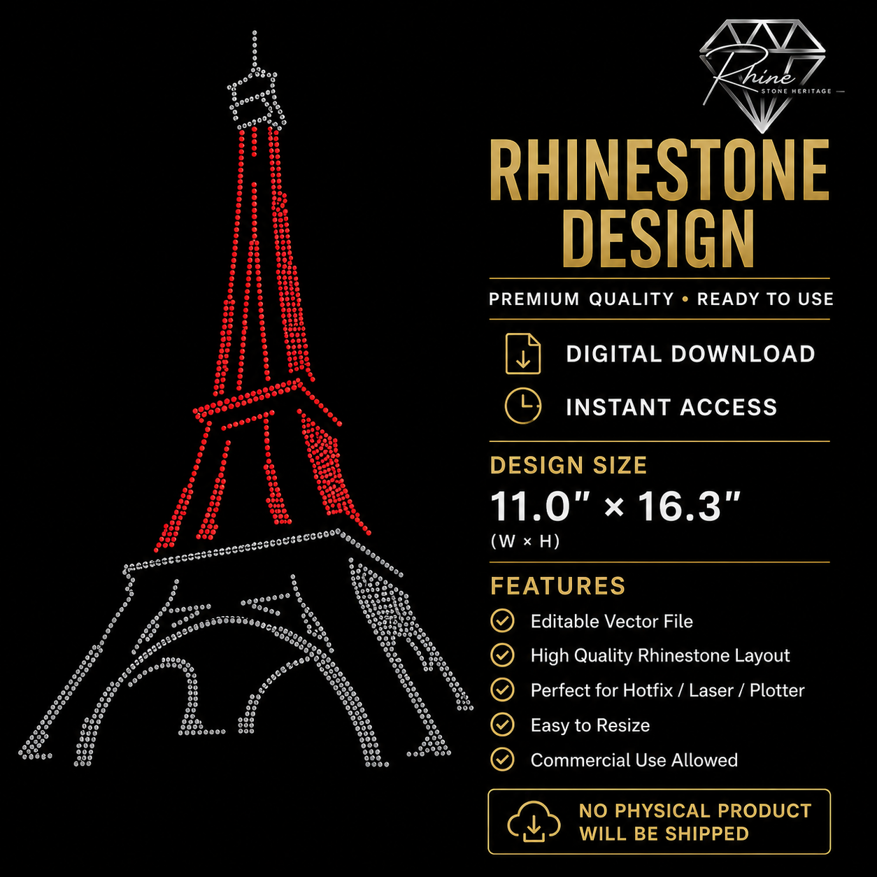 Eiffel Tower Rhinestone Template – Digital Download (SVG, CDR, PDF, JPG, AI)