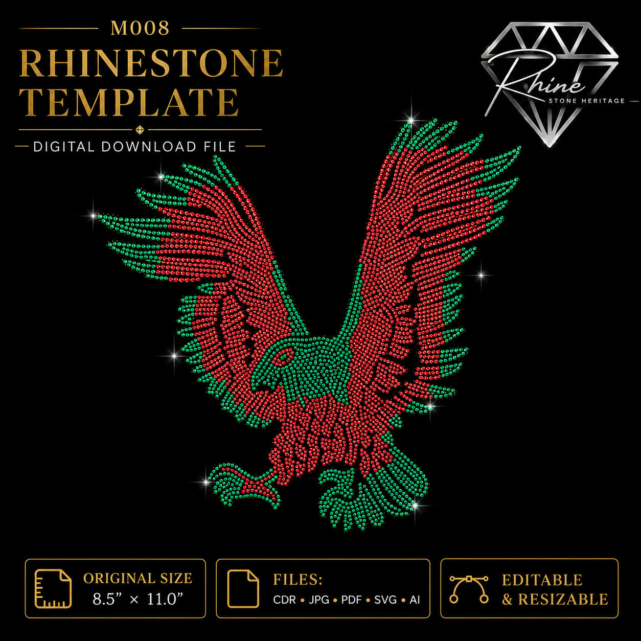 Eagle Rhinestone Template – Digital Download (SVG, CDR, PDF, JPG, AI)