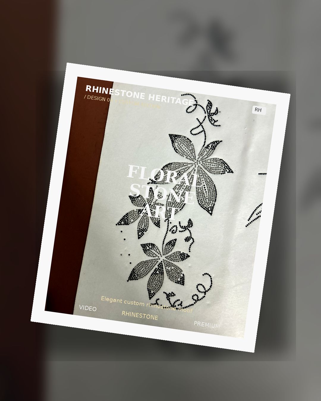 Detailed floral vine rhinestone transfer sticker in a black dot matrix pattern, premium hotfix motif for custom clothing by Rhinestone Heritage