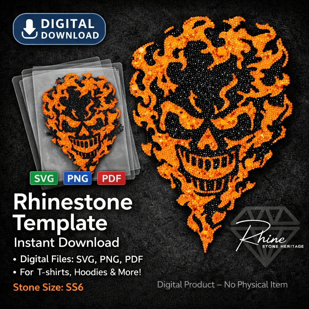 Flaming Skull Rhinestone Template Design for T-Shirt – SVG PNG PDF Digital Download