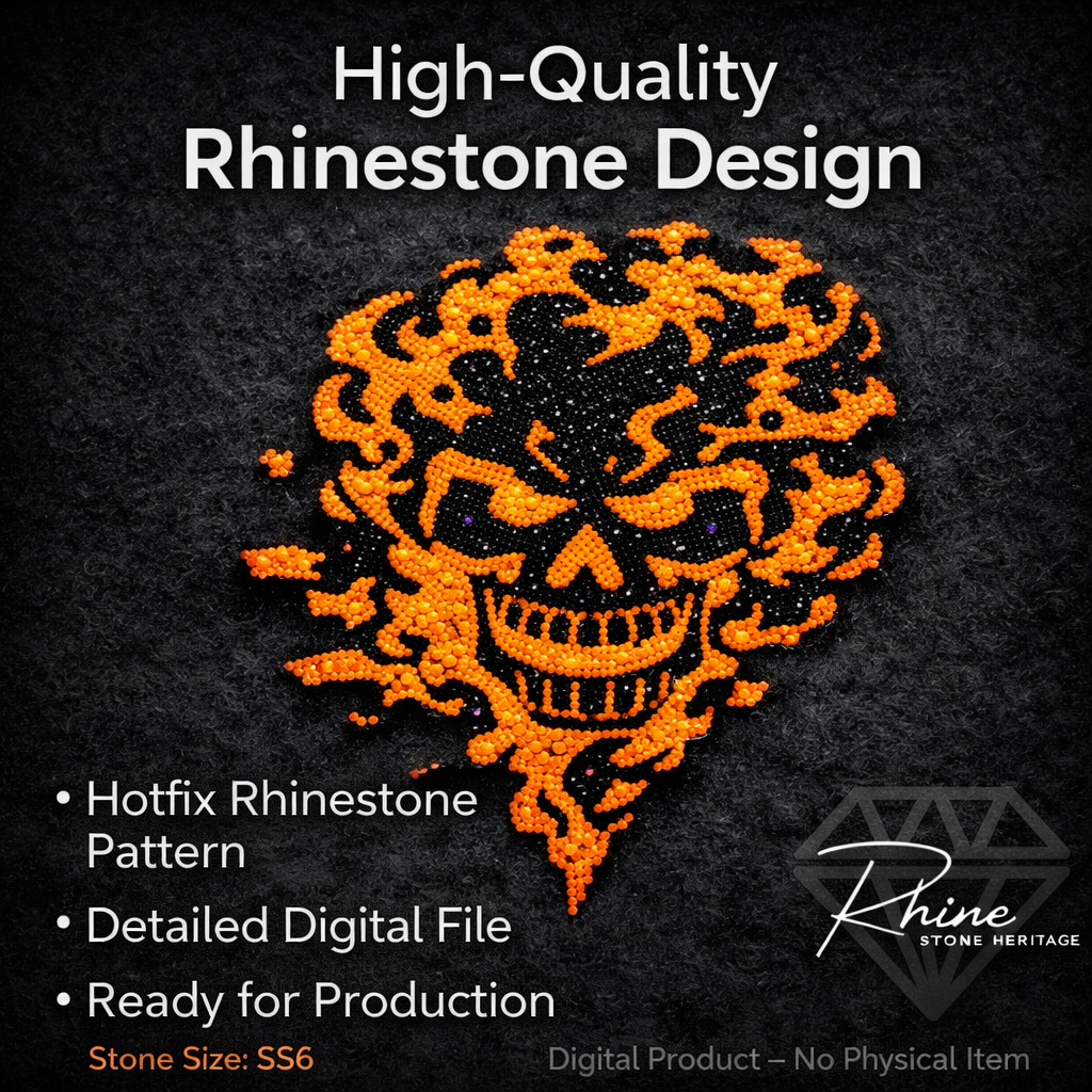 Flaming Skull Rhinestone Template Design for T-Shirt – SVG PNG PDF Digital Download